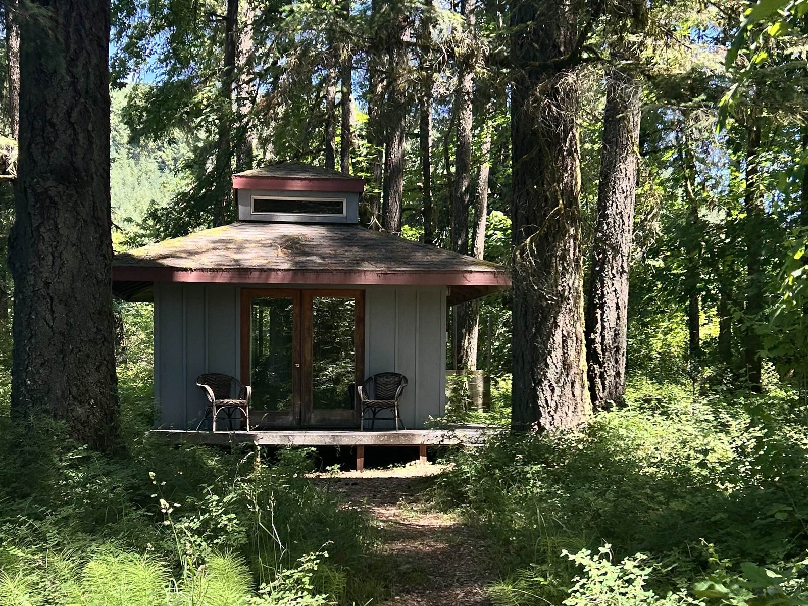 Private cabin with a porch nestled among tall firs