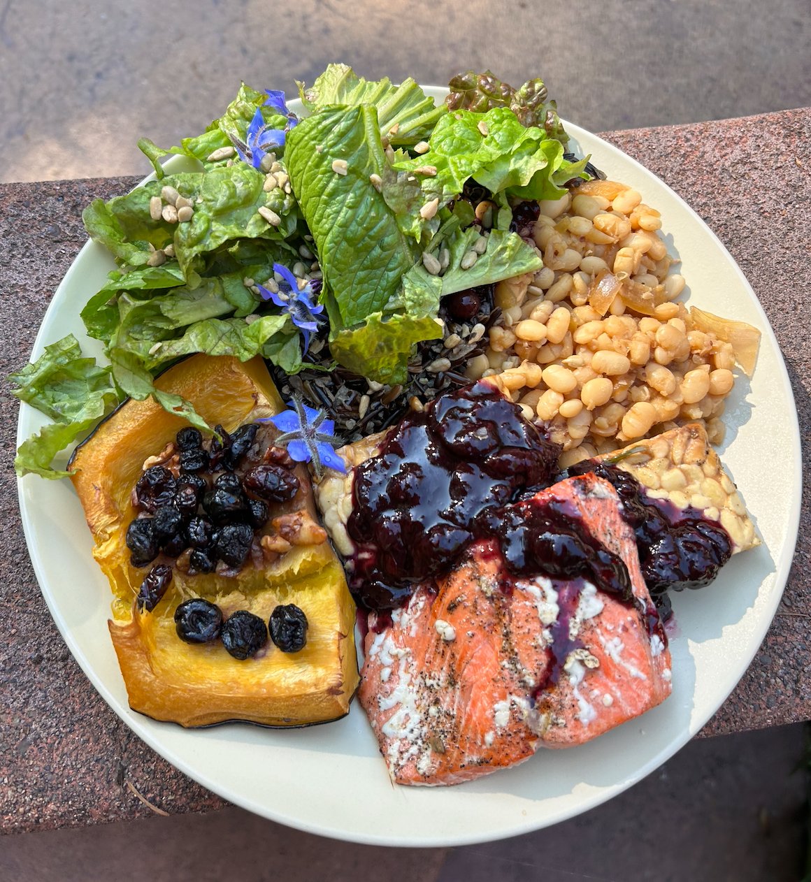 Plate of salmon, greens, and blueberry toast