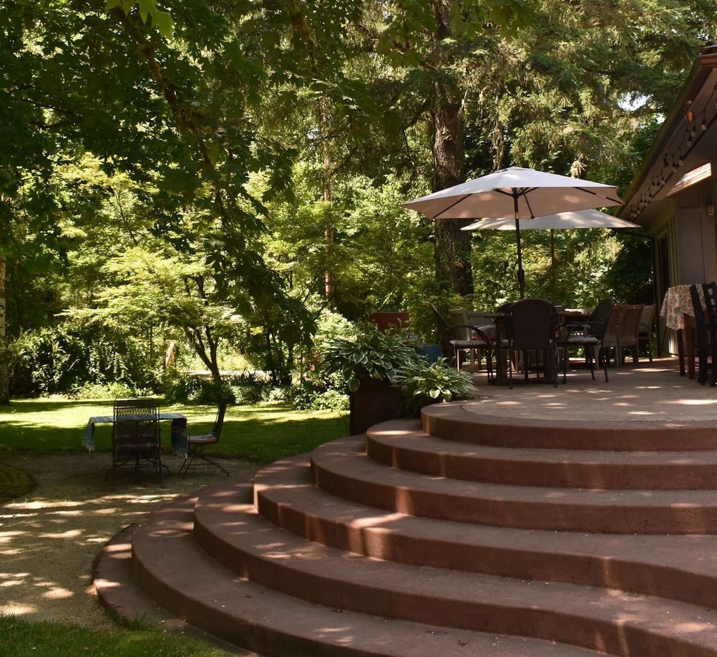 Terraced amphitheater seating under the trees