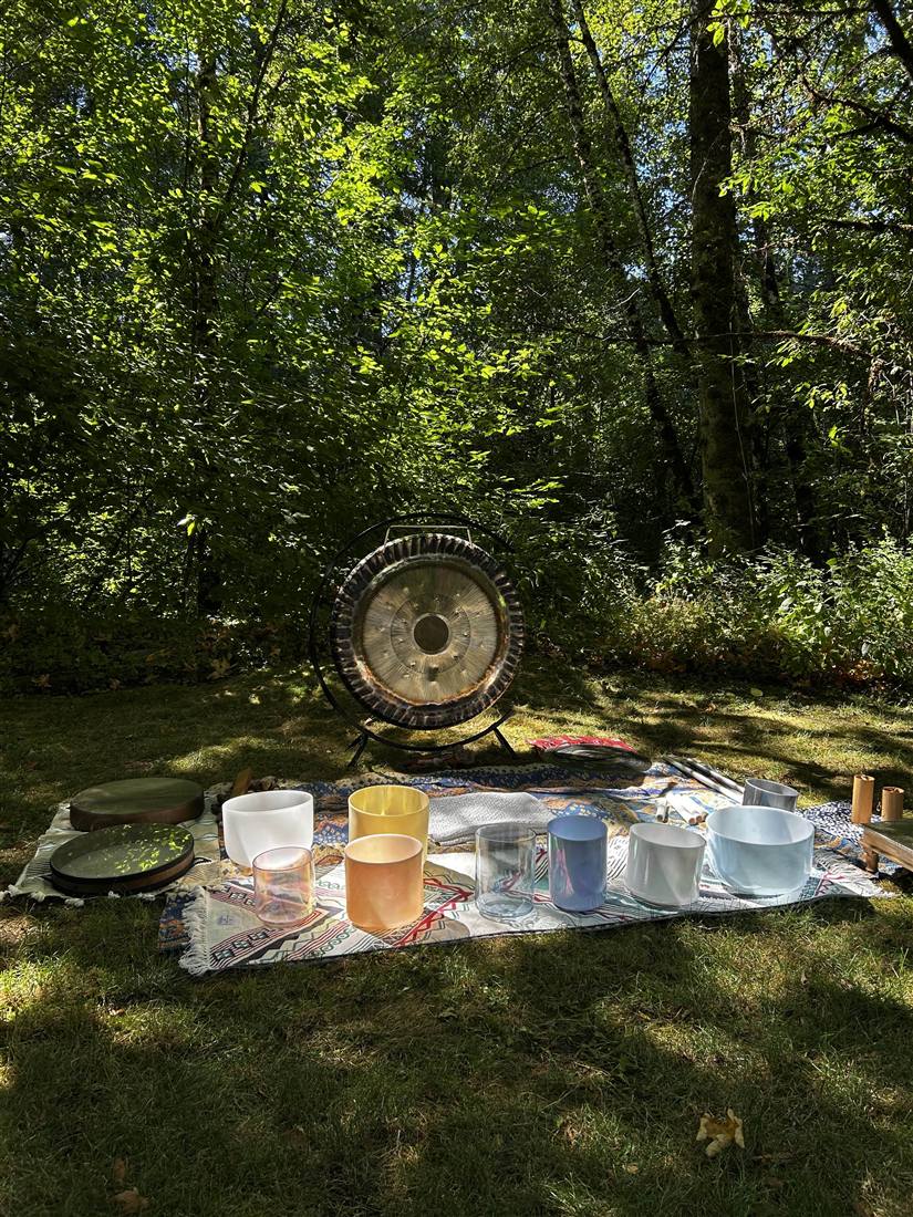 Sound bath with gong and crystal singing bowls in the forest