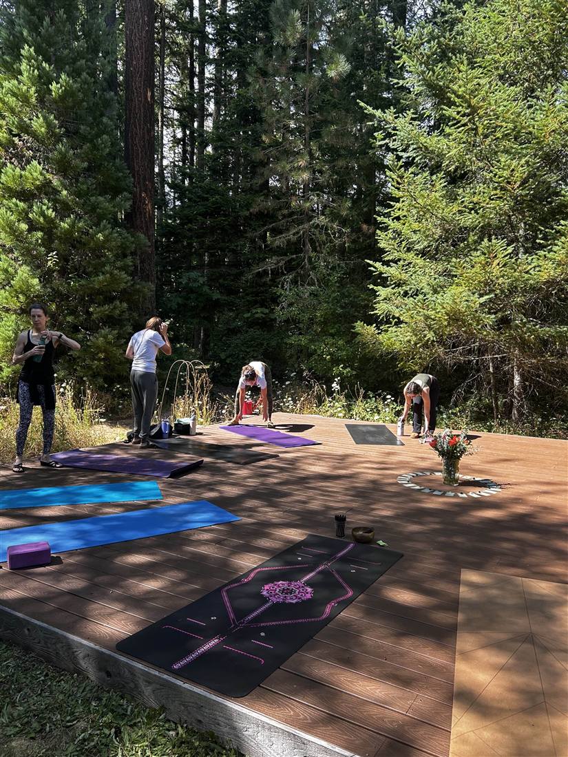 Morning yoga on the forest deck