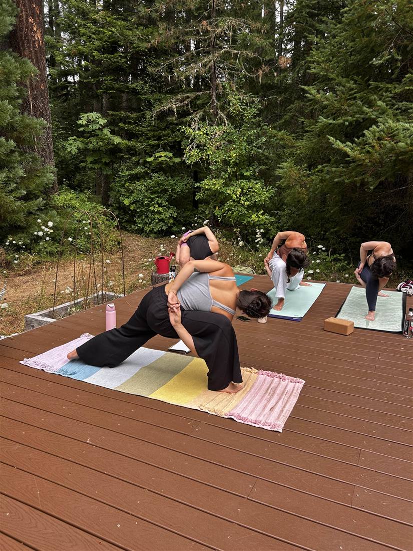 Guided yoga practice among the trees