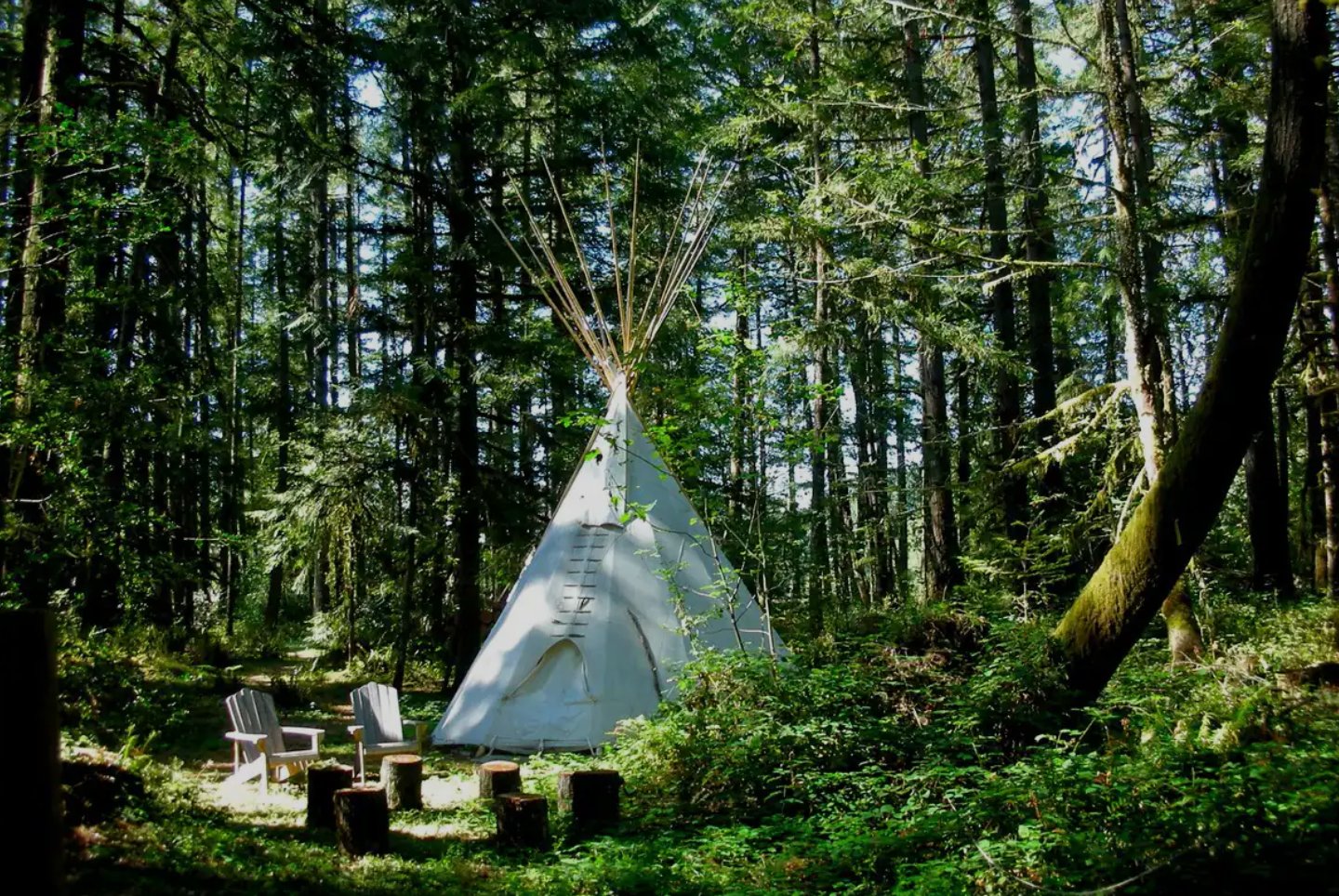 Tipi in the forest with Adirondack chairs around a fire circle